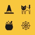 Set Witch hat, Spider web, Halloween witch cauldron and Black cat icon with long shadow. Vector Royalty Free Stock Photo