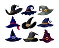 Set of Witch Hats Icons, Wizard Headwear of Different Design Isolated on White Background. Magic Traditional Caps Royalty Free Stock Photo