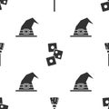 Set Witches broom, Game dice and Witch hat on seamless pattern. Vector Royalty Free Stock Photo