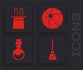 Set Witches broom, Magician hat and rabbit ears, Beach ball and Bottle with love potion icon. Vector