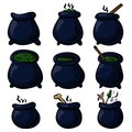 Set of witches cauldrons in cartoon style, magical pots for brewing potions