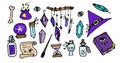 A set of witches` magic of bright color. Isolated items of magical craft, turquoise and purple, hat, crystal, flasks, feathers, Royalty Free Stock Photo