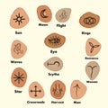Set of Witches runes, wiccan divination symbols carved in wood. Royalty Free Stock Photo