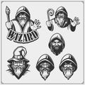 Set of wizard or magician emblems, labels and design elements. Illustrations of sorcerer with black pointed hat and cloak.