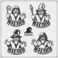 Set of wizard or magician emblems, labels and design elements. Illustrations of sorcerer with black pointed hat and cloak.