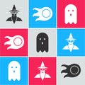Set Wizard warlock, Fireball and Ghost icon. Vector Royalty Free Stock Photo