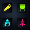 Set Wizard warlock, Hand saw, Witch and Witch cauldron. Black square button. Vector