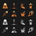 Set Wizard warlock, Magic hand mirror, Mortar pestle, Medieval sword, Hand holding fire, Ghost and Burning candle Royalty Free Stock Photo