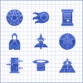 Set Wizard warlock, Magician hat, Masons, Spider web, Trunk for magic tricks, Mantle, cloak, cape, Decree, paper