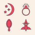 Set Wizard warlock, Moon and stars, Magic stone ring with gem and Magic hand mirror icon. Vector Royalty Free Stock Photo