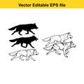 Set of wolf silhouettes and line art illustrations in various running poses Royalty Free Stock Photo