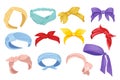 Set of Woman Bandana, Hair Bands and Scarves. Colorful Retro Headband for Hairstyle. Isolated Hair Dressing Accessories