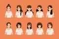 Set of woman character with different hair styles and facial expression front side flat vector illustration Royalty Free Stock Photo
