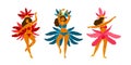 Set of woman in colorful Brazilian carnival costumes dancing samba vector flat illustration. Latino girl wearing bright Royalty Free Stock Photo