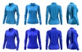 2 Set of woman dark light blue turquoise front, back and side view collar long sleeve slim fit polo tee shirt on transparent, PNG