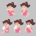 Set of woman with different diseases symptoms - sneeze, snot, cough, fever, sick, ill