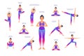 Set of woman in different yoga poses, names of asanas text, flat style vector Royalty Free Stock Photo