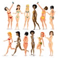 Set woman dressed in swimsuit is standing. flat cartoon Royalty Free Stock Photo