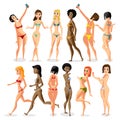 Set woman dressed in swimsuit is standing. flat cartoon