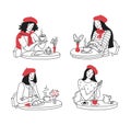 Set of woman enjoying coffee and baking in charming Parisian cafes. French fashion. Hand drawn vector doodles