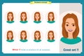 Set of woman expression isolated.Young emotion portraits.Flat design.Businesswoman character