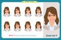 Set of woman expression isolated.Young emotion portraits.Flat design.Businesswoman character
