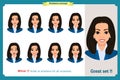 Set of woman expression isolated.Young emotion portraits.Flat design.Businesswoman character