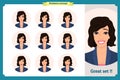 Set of woman expression isolated on white. Flat design. Cute vector face girl,angry, sad, smiling. Businesswoman character