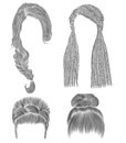 Set woman hairs  . black  pencil drawing sketch .bun babette with  fringe hairstyle.women fashion beauty style. african cornrows Royalty Free Stock Photo