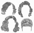 Set woman hairs . black pencil drawing sketch .retro hairstyle.babette curly waves