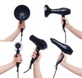 Set of woman hands holding a hair dryer