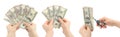 Set of Woman Hands with US Dollars Cash Bills, isolated on transparent background Royalty Free Stock Photo