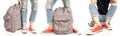 Set woman legs feet jeans red sneakers with backpack