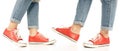 Set woman legs feet jeans red sneakers, side view