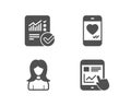 Woman, Love chat and Checked calculation icons. Internet report sign.