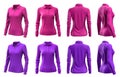 2 Set of woman magenta purple pink front, back and side view collar long sleeve slim fit polo tee shirt on transparent PNG