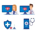 set woman and man doctors with technology service Royalty Free Stock Photo