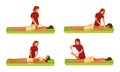 Set of woman masseur making massage for the girl. Vector illustration in flat cartoon style.