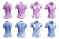 2 Set of woman pastel light blue purple button up short sleeve collar slim fitting shirt front, back side view on transparent, PNG