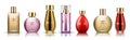 Set of woman perfume colored glass bottles of various shape with lids isolated on white background vector illustration Royalty Free Stock Photo