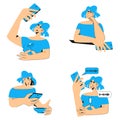 Set of woman with phone - concept of addiction to smartphones and social networks