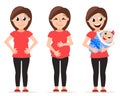 Set of woman and pregnant woman, mom and her newborn baby. Stages of pregnancy