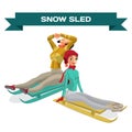 Set woman riding a snow sled. Winter sports.