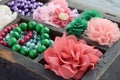 Set of woman's accessories in old wooden box