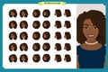 Set of woman`s emotions design. Facial expression.Front, side, profile view animated character. Vector.Business girl character