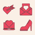 Set Woman shoe with high heel, Amour with heart and arrow, Envelope with heart and Laptop with heart icon. Vector