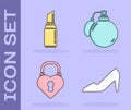 Set Woman shoe, Lipstick, Castle in the shape of a heart and Perfume icon. Vector