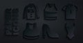 Set Woman shoe, Shirt, Female crop top, Swimsuit, Undershirt and icon. Vector