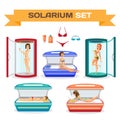 Set of woman tanning in solarium. Essential accessories. Royalty Free Stock Photo