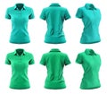 2 Set of woman turquoise blue green, front, back and side view collar slim fit polo tee shirt on transparent cutout, PNG